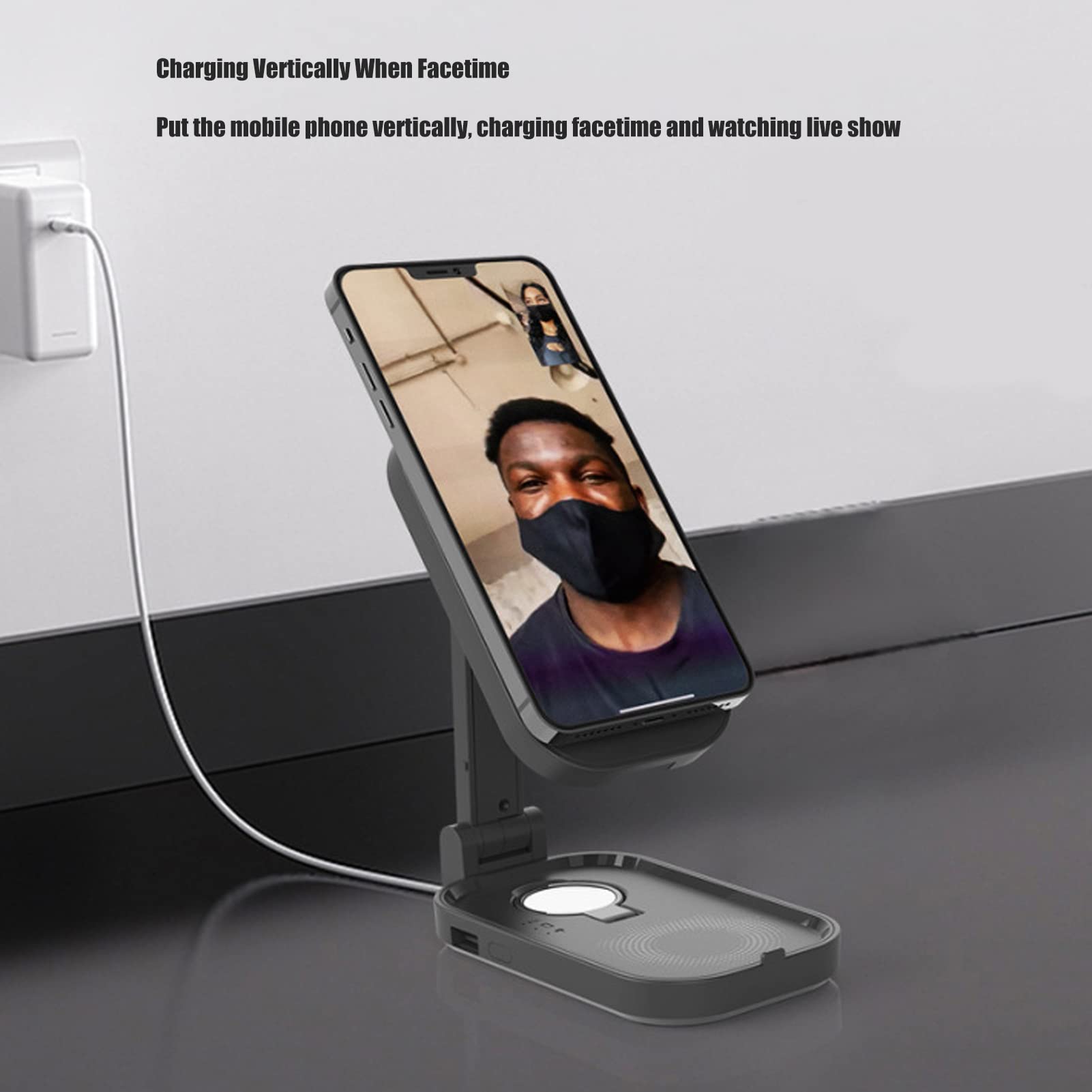 Cuifati Soporte de Cargador Inalámbrico Magnético Plegable 4 en 1 con Lámpara Nocturna, Estación de Carga Rápida de 20 W, Base de Viaje para 14 13 12, Cargador Compacto para Teléfono de Escritorio