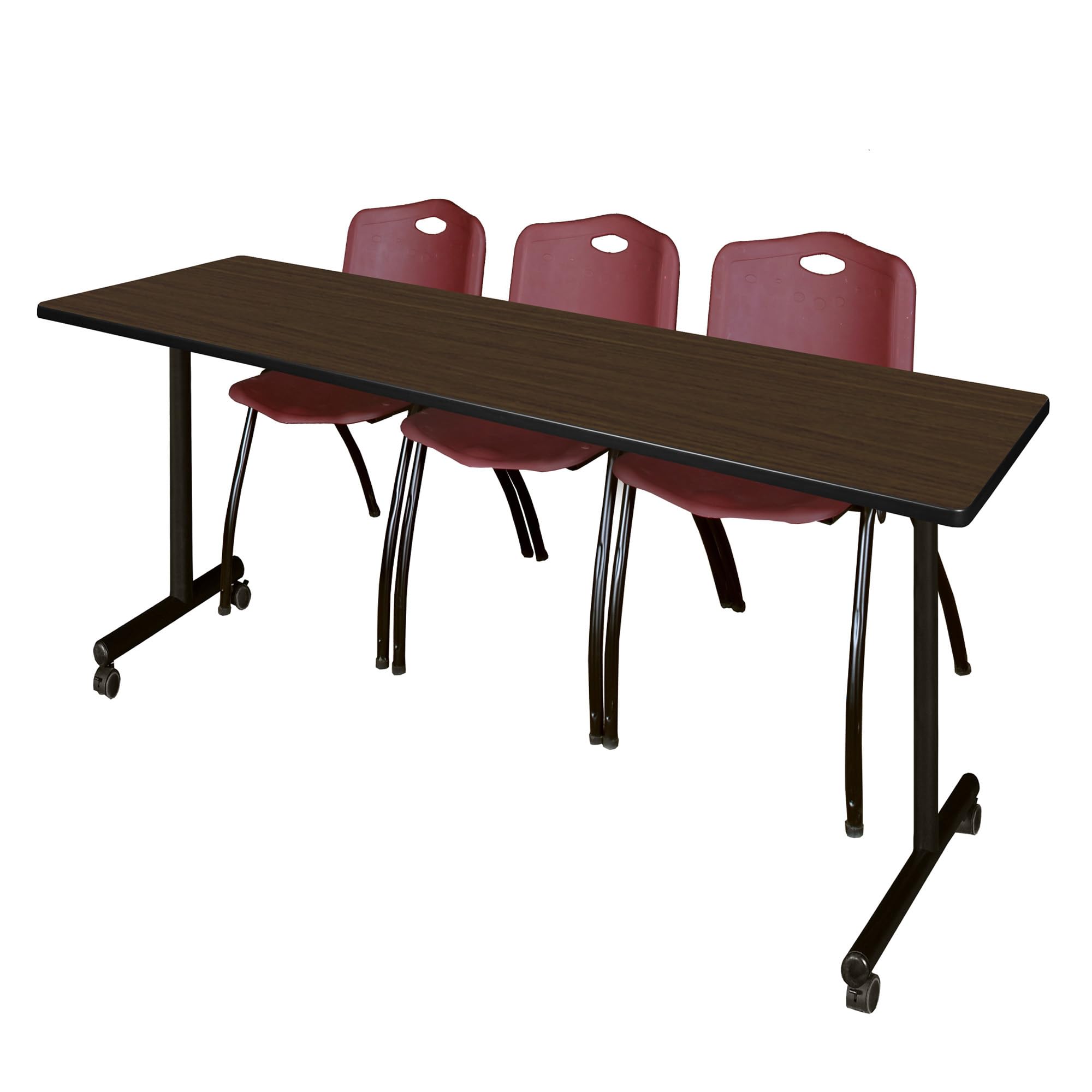 Romig Axis-Pro 84 x 24 in. Mobile T-Base Training Table- Neo Walnut, 2 M Stack Chairs- Burgundy