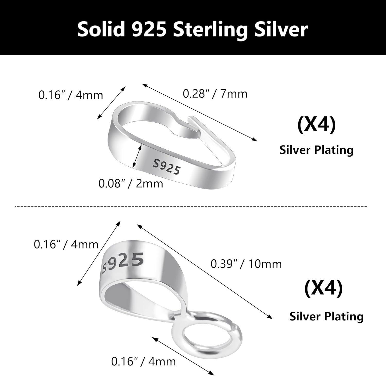 8Pcs 925 Sterling Silver Pendant Clasp Pinch Clip Bails for Jewelry Making, Slider Pendant Connectors with Open Loop, Sterling Silver Findings Jewelry Pendants Clasps for Necklace Charms - Image 2