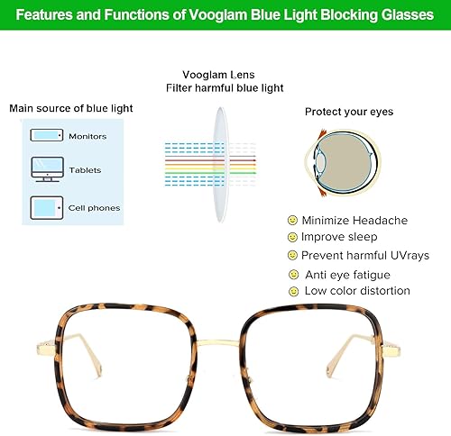 Vista 10 de VOOGLAM Square Blue Light Blocking Glasses for Women Anti Eyestrain UV Computer Eyewear Jace