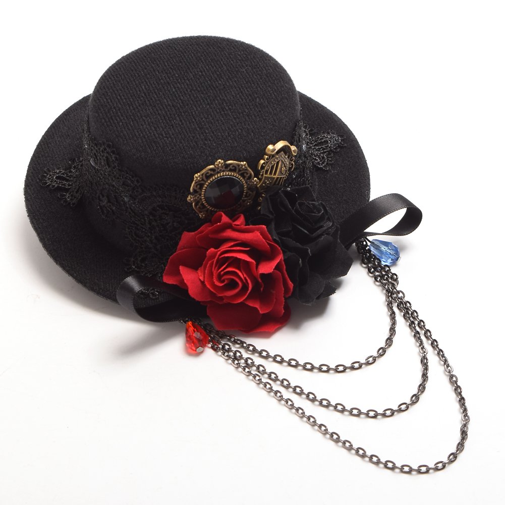 BLESSUME SteamPunk Women Black Mini Top Hat Hair Clip Rose Floral Lace Headwear Vintage(Size: One Size) - Image 4
