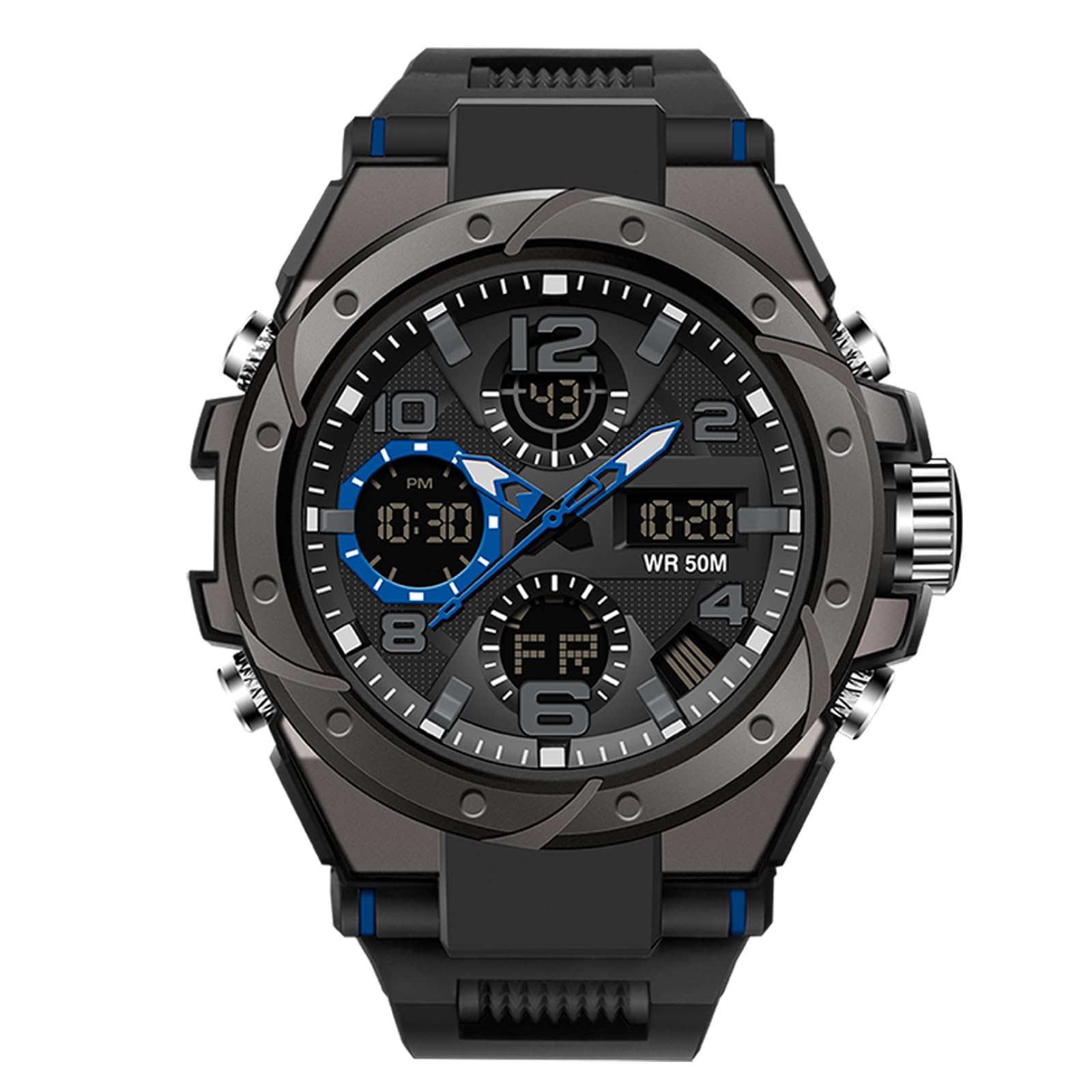 RORIOS Orologio sportivo da uomo, digitale, impermeabile, digitale, militare, orologio con sveglia, quadrante grande, quadrante blu, cinturino