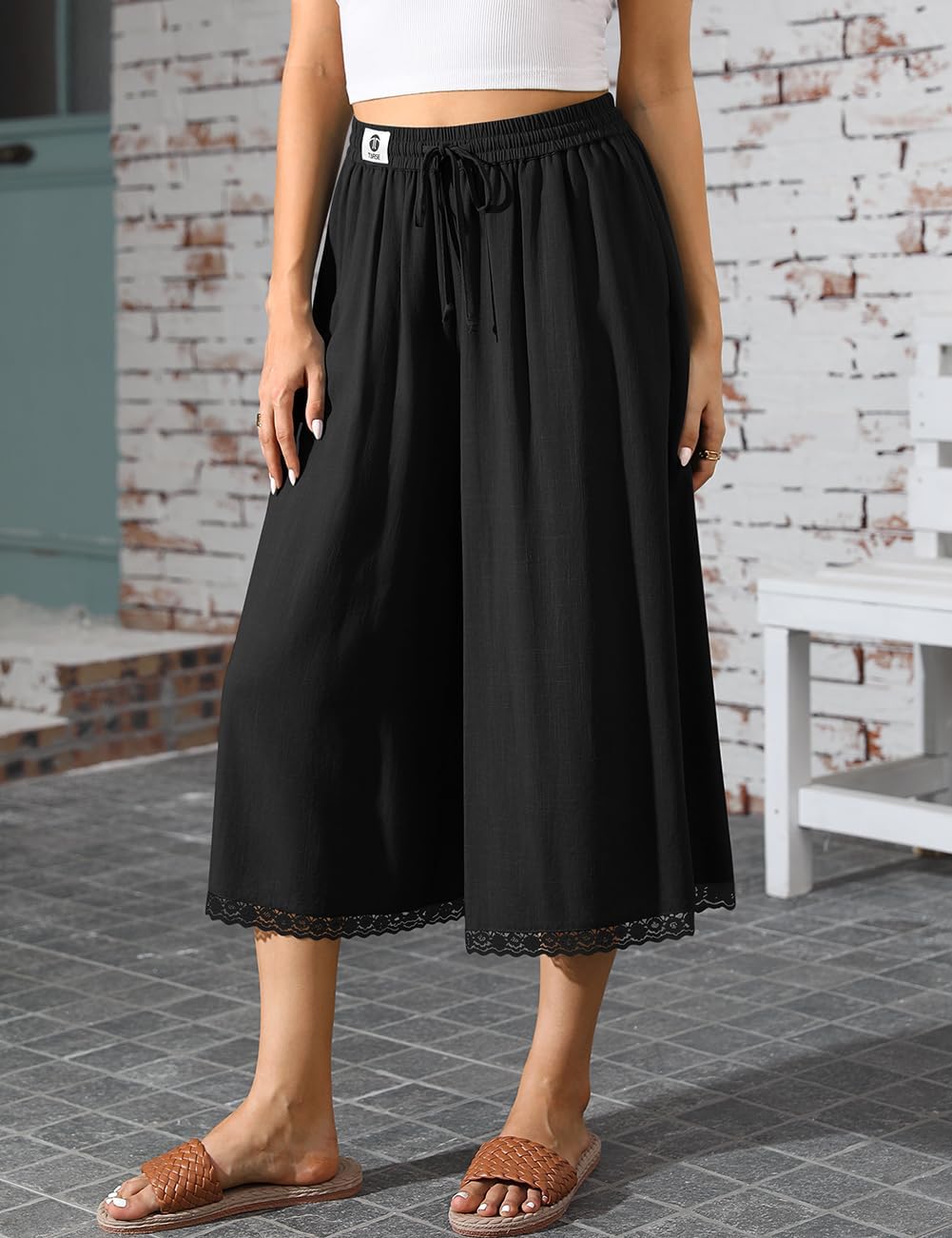 TARSE Women's Linen Culottes Wide Leg Flowy Capri Pants Palazzo Casual Drawstring Summer Loose Lace Capris with Pockets - Image 2