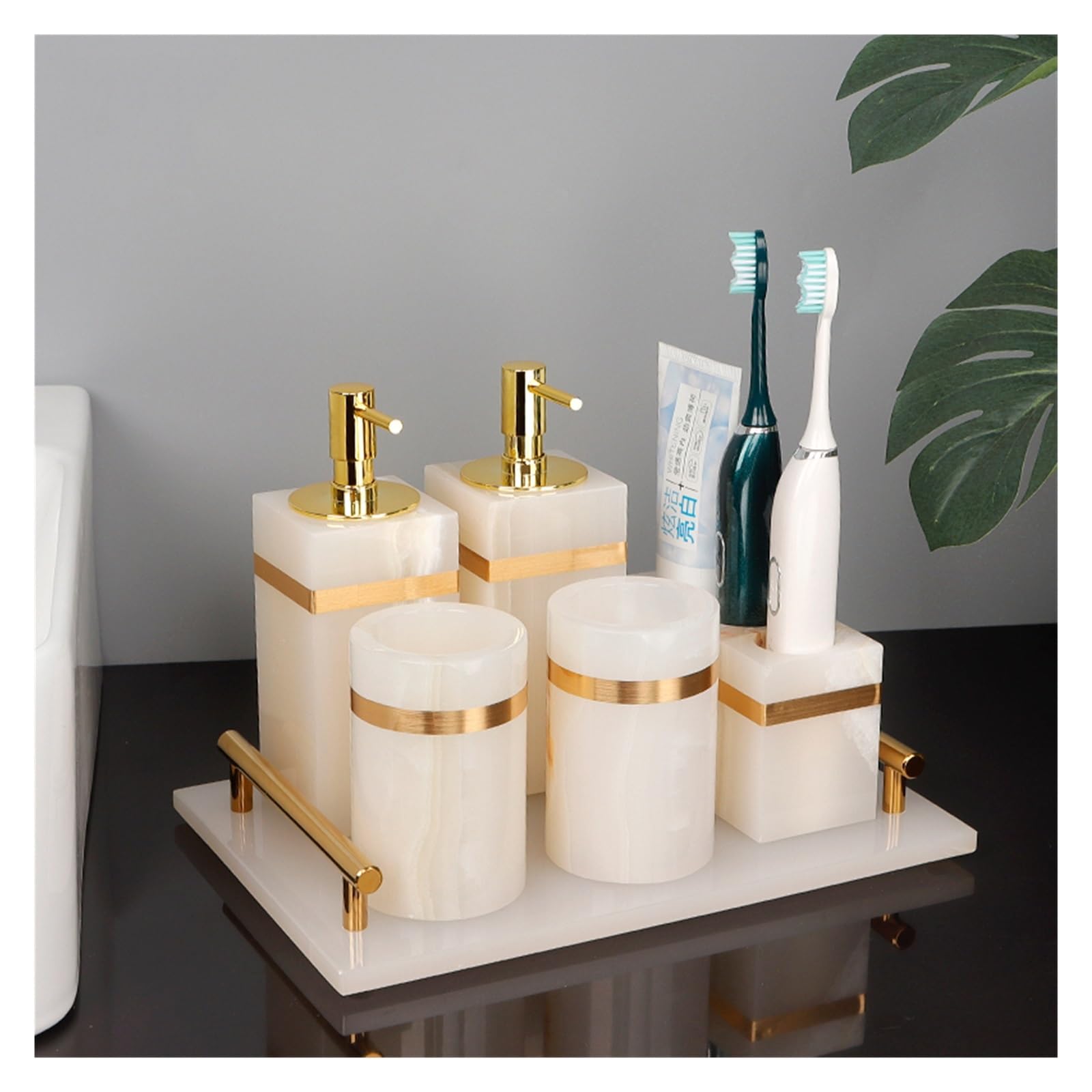 Manguera De Ducha Accesorios de baño mármol natural blanco Dispensador jabón lujo dorado Soporte for hisopos algodón for cepillo dientes Juego(Aromatherapy bottle)