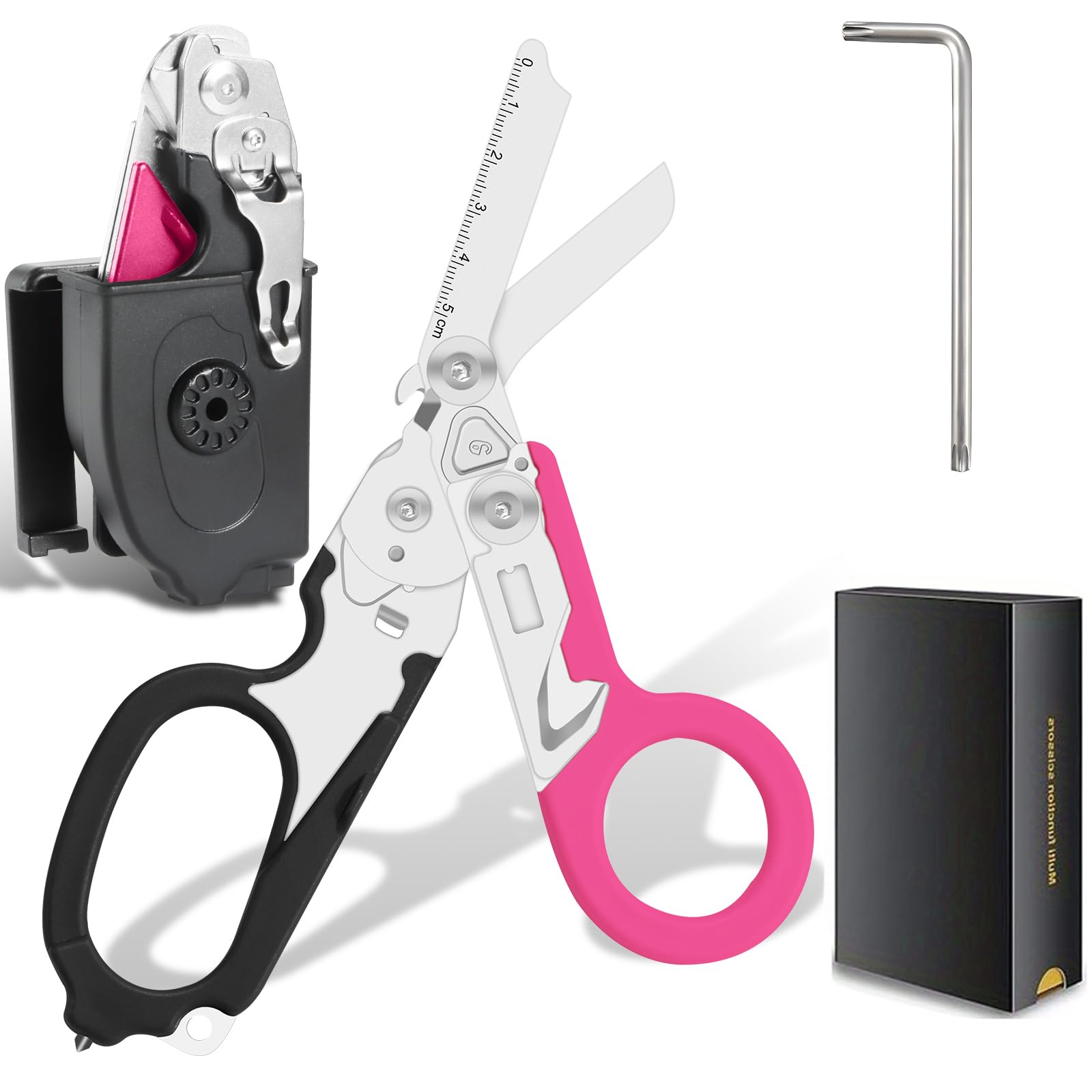 6 in 1 Emergency Response Shears Emergency Scissors Tool Stainless Steel Foldable Scissors Pliers with Strap Cutter and Glass Default (Black & Pink)