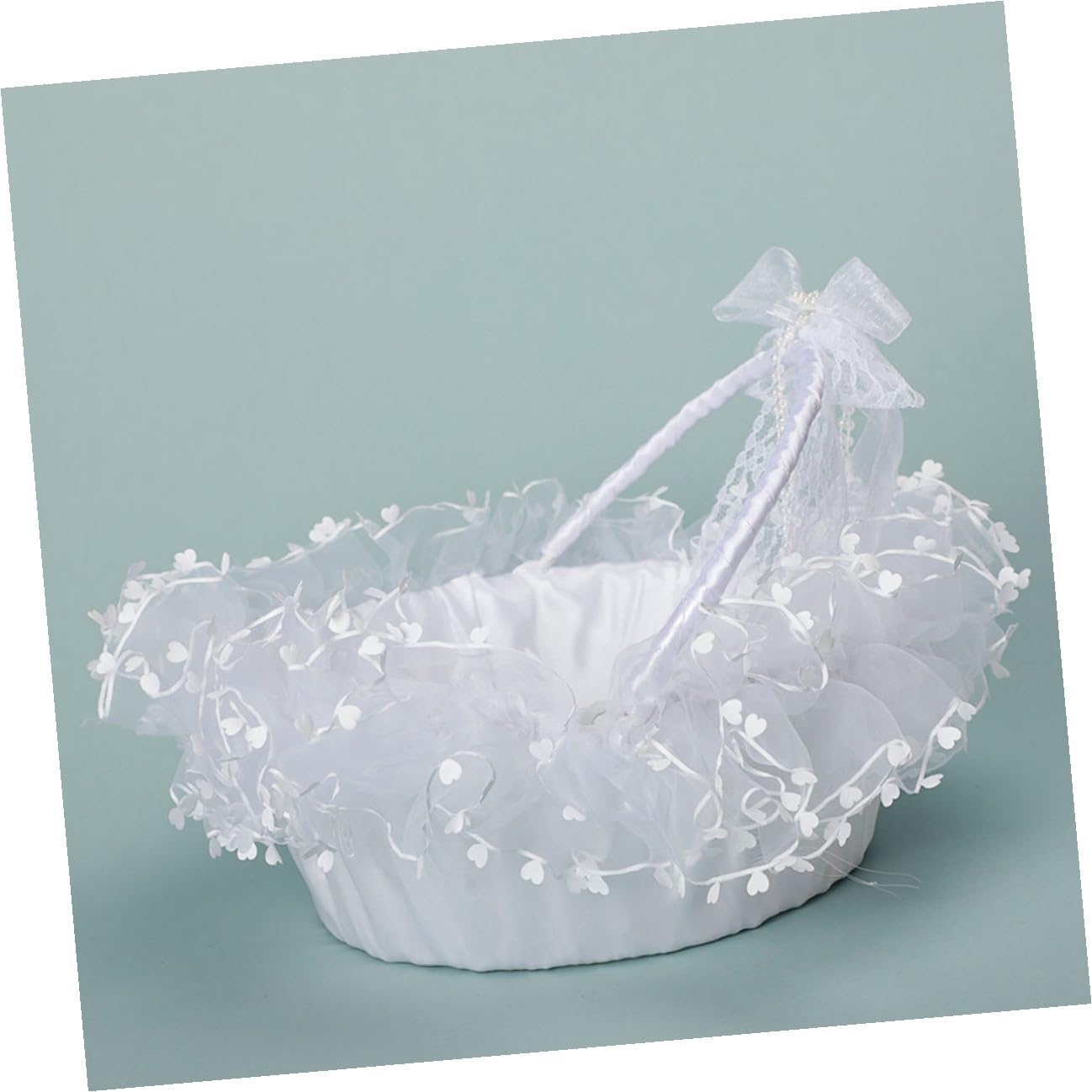 Beaupretty Lace Heart Wedding Basket with Detachable Handle, White Flower Girl Basket Handheld Flower Holder for Ceremony Supplies and Photography Props