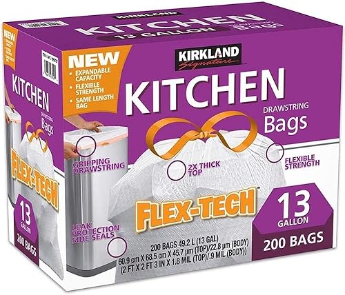 Kirkland Signature Cordón de cocina TRW, bolsas de basura 13 galones 200 unidades (2 paquetes de 13 galones 200 bolsas)