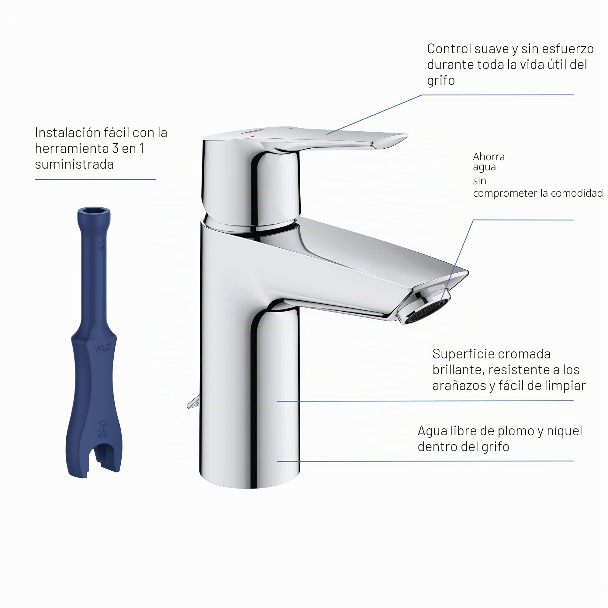 Grohe Start QuickFix- Grifo de lavabo monomando S (cadena deslizante, menor consumor de agua, instalación rápida, altura 165mm), cromo, 32277002