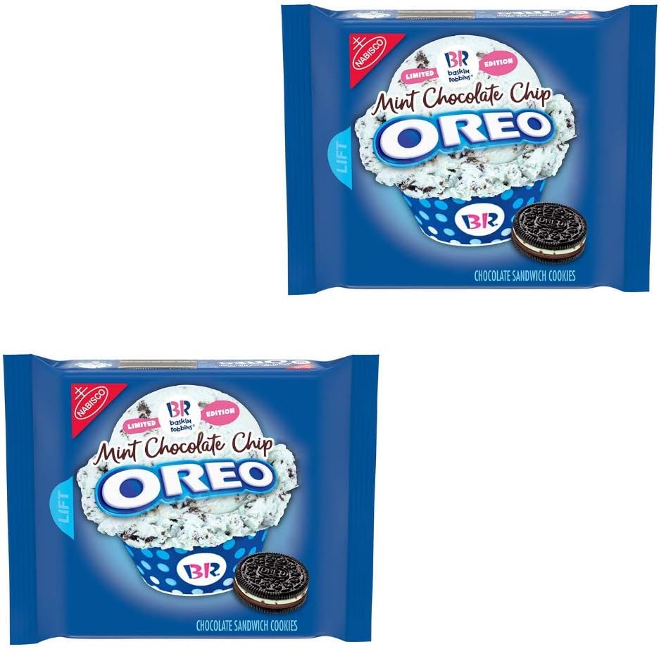 OREO Chocolate Sandwich Cookies, Mint Chocolate Chip Flavor Creme, Baskin Robbins Limited Edition, (10.7 oz), Pack of 2