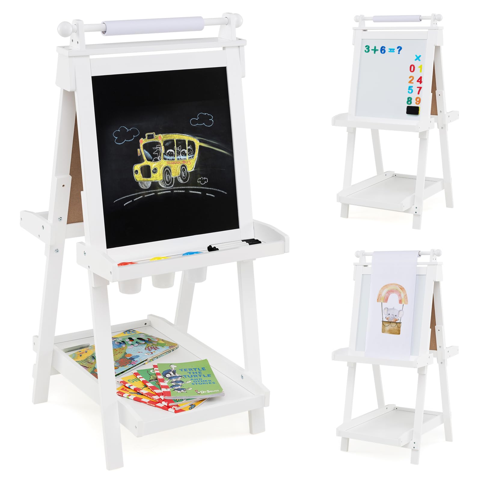 GOPLUS 3 en 1 Tableau Enfant Double Face, Chevalet d'art Enfant Hauteur Réglable, avec Tableau Blanc/Noir Magnétique, Rouleau de Papier, 3 Gobelets à Peinture, 3 Plateaux (Blanc)