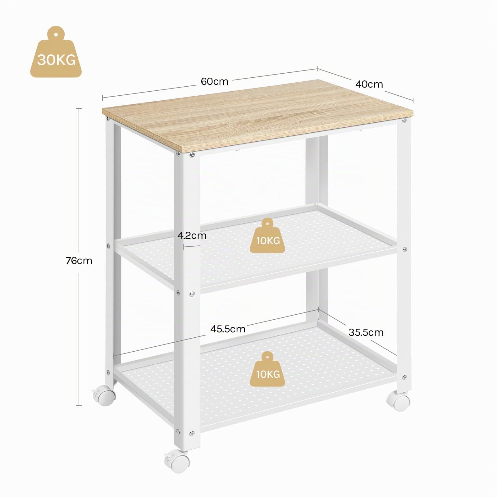 WOLTU Carrello da Cucina a 3 Ripiani, con 4 Ruote Girevoli, per Cucina, Sala da Pranzo, Soggiorno, Legno e Metallo, 60x40x76cm (Bianco+Rovere Chiaro)