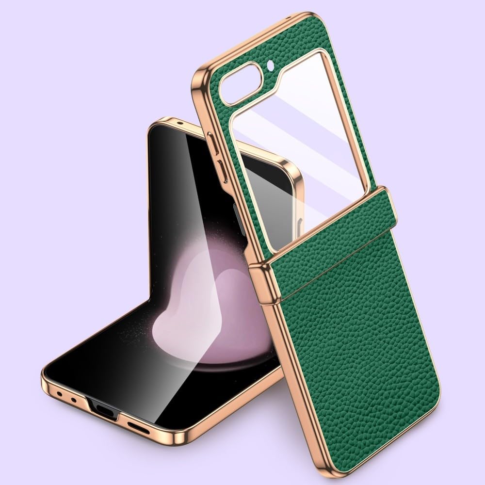 Funda de Cuero para teléfono Samsung Galaxy Z Flip5 Flip 5 ZFlip5, Cubierta Protectora con bisagra y Vidrio Templado, Verde, para Galaxy Z Flip5