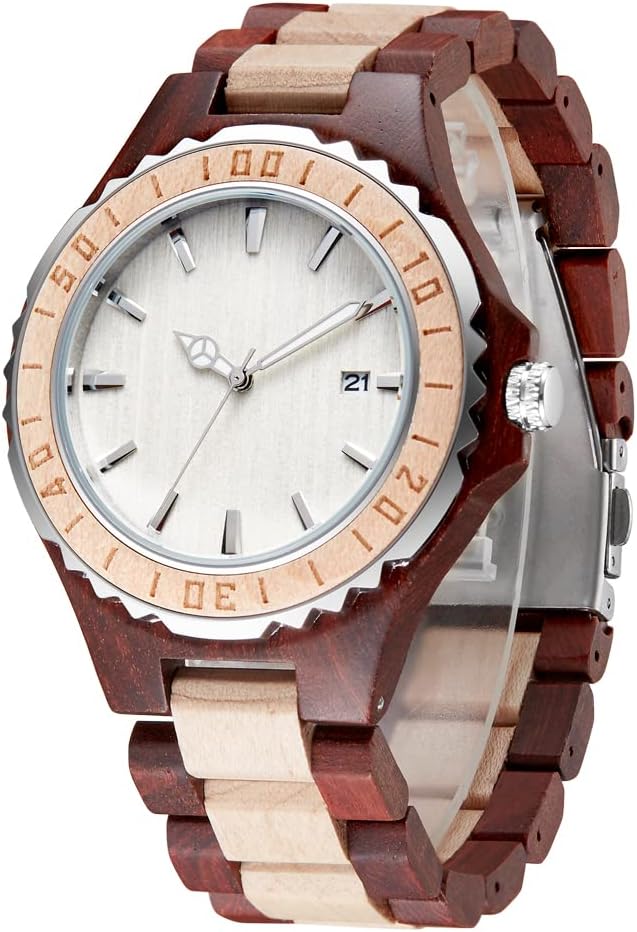Tiong Brand Wooden Watches Mens with Handmade Colorful Bamboo Wood Watch Analog Date Quartz Wooden Watch for Men
