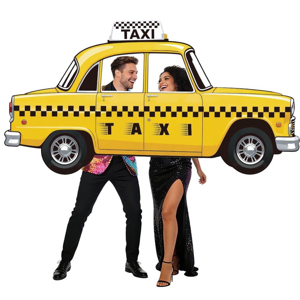 WADORN Yellow Taxi Shaped Photo Prop Selfie Frame Banner, 7.5x3.9 Ft New York Theme Party Decorations Backdrop Yellow Cab Photography Background Hanging Supplies for Home NYC Party Car Event