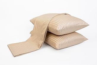 طقم ملاية مسطحة مخططة بجودة عالية للفنادق وديكور المنزل من 1 180 سم × 240 + 2 كيس مخدة 50 70 مناسب لمراتب حتى 30 قطن مصقول هوم اوف لينين - بيج