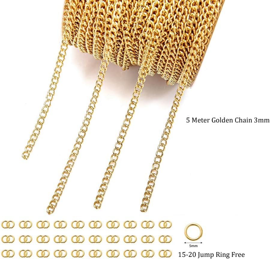 CRAFTS HAVELI Jewelry Making Supplies, DIY Necklace & Bracelet Accessories, Silver & Gold Link Chains, 5meter Each, + Jump Rings for Craft Projects