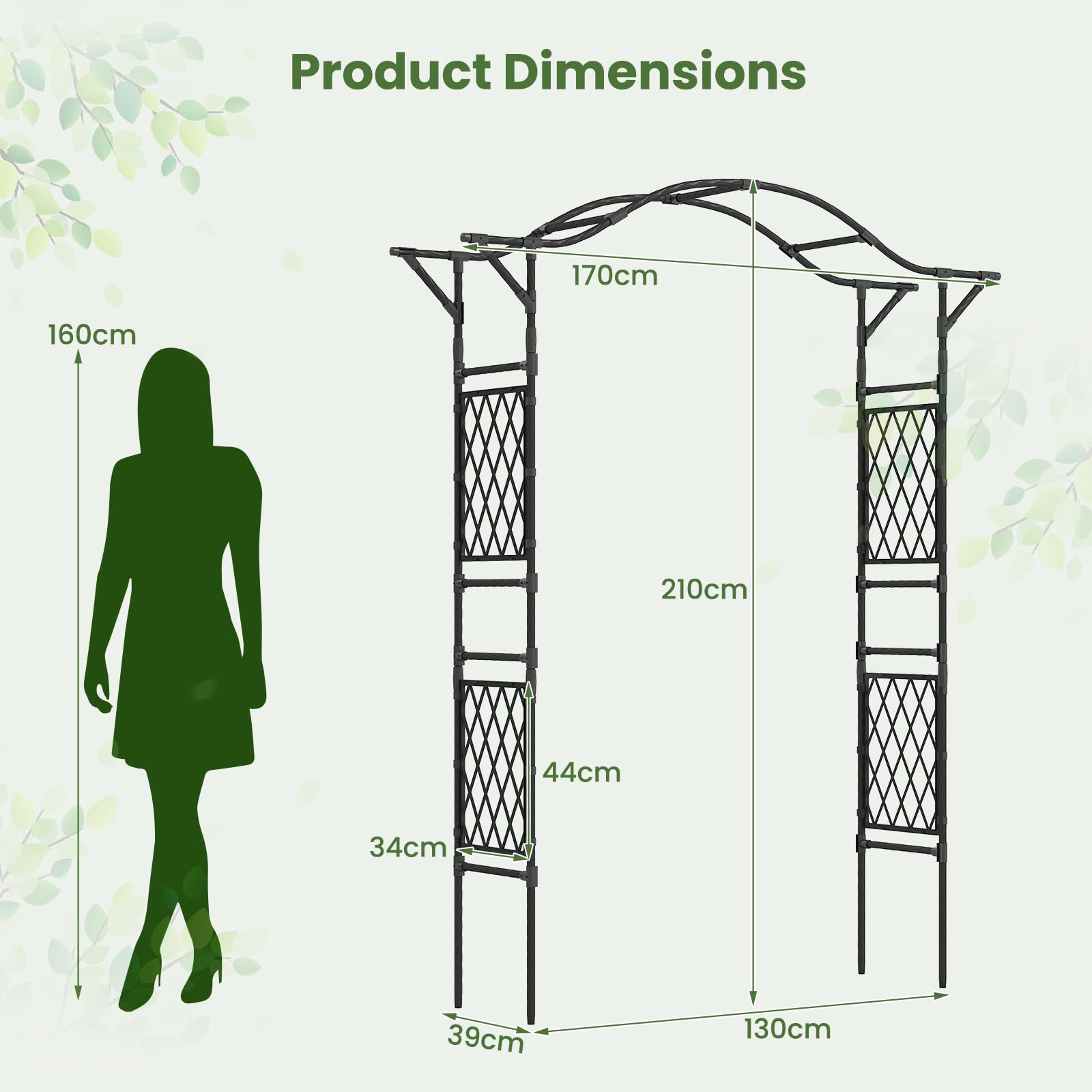 FANTASK Gartenbogen Metall, 70 x 39 x 210 cm, Rosenbogen für Kletterpflanzen, Torbogen Garten, Rankgitter Rosenspalier, Rankbogen für Hinterhof, Veranda, Hochzeit Partys (Schwarz)