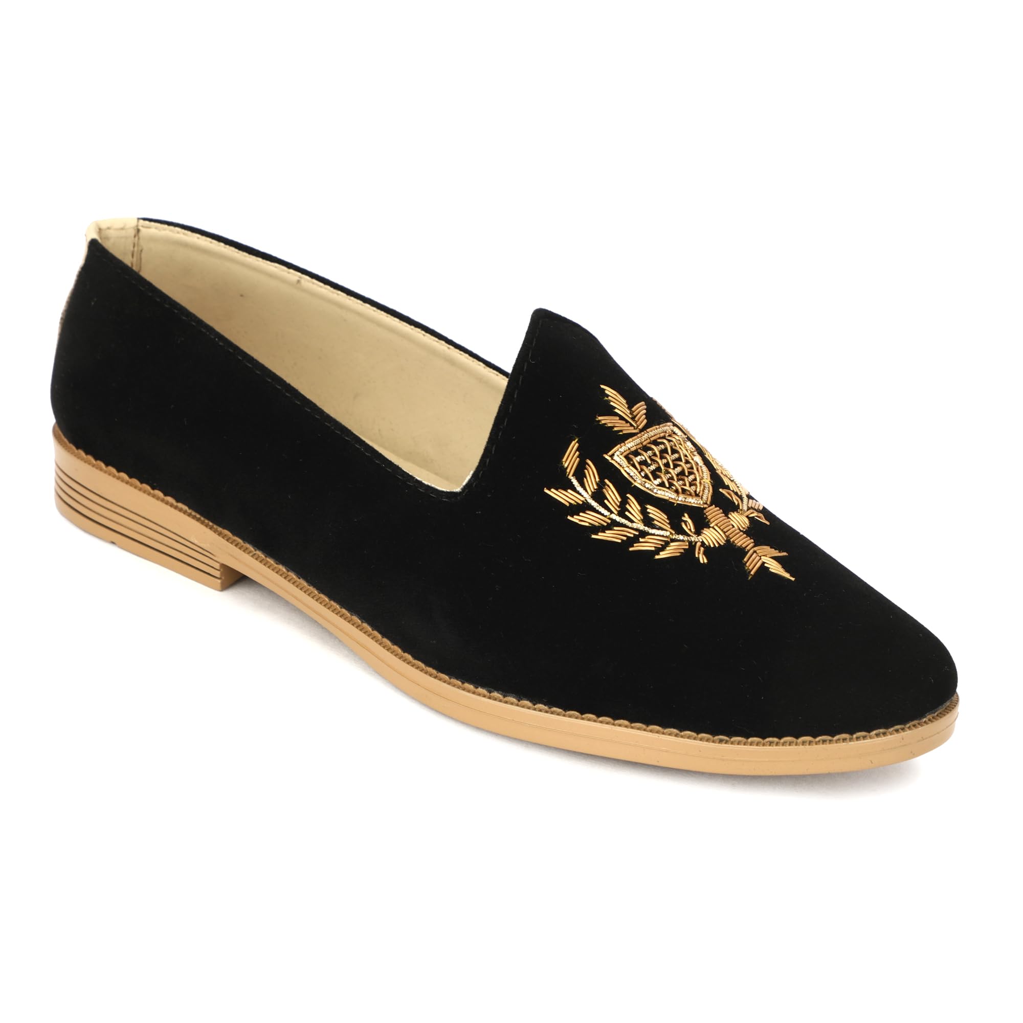 Men's Black Velvet Loafers with Golden Crest Embroidery | Stylish Ethnic & Formal Slip-On Shoes for Weddings & Parties-image-41