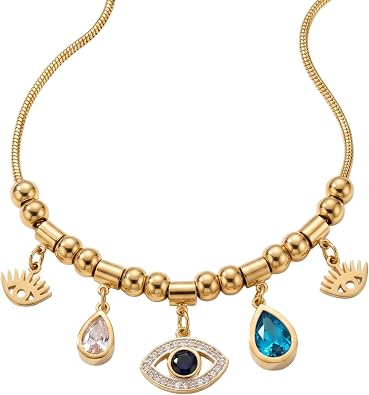 Nazar Kolye - Kad nlar i in Mavi Kristal Damla ve G z Fig rl   talyan Blok Zincir Kolye, Paslanmaz  elik Gold,  ans ve Koruma Temal  Elegant Kad n Tak  Hediye Se ene i