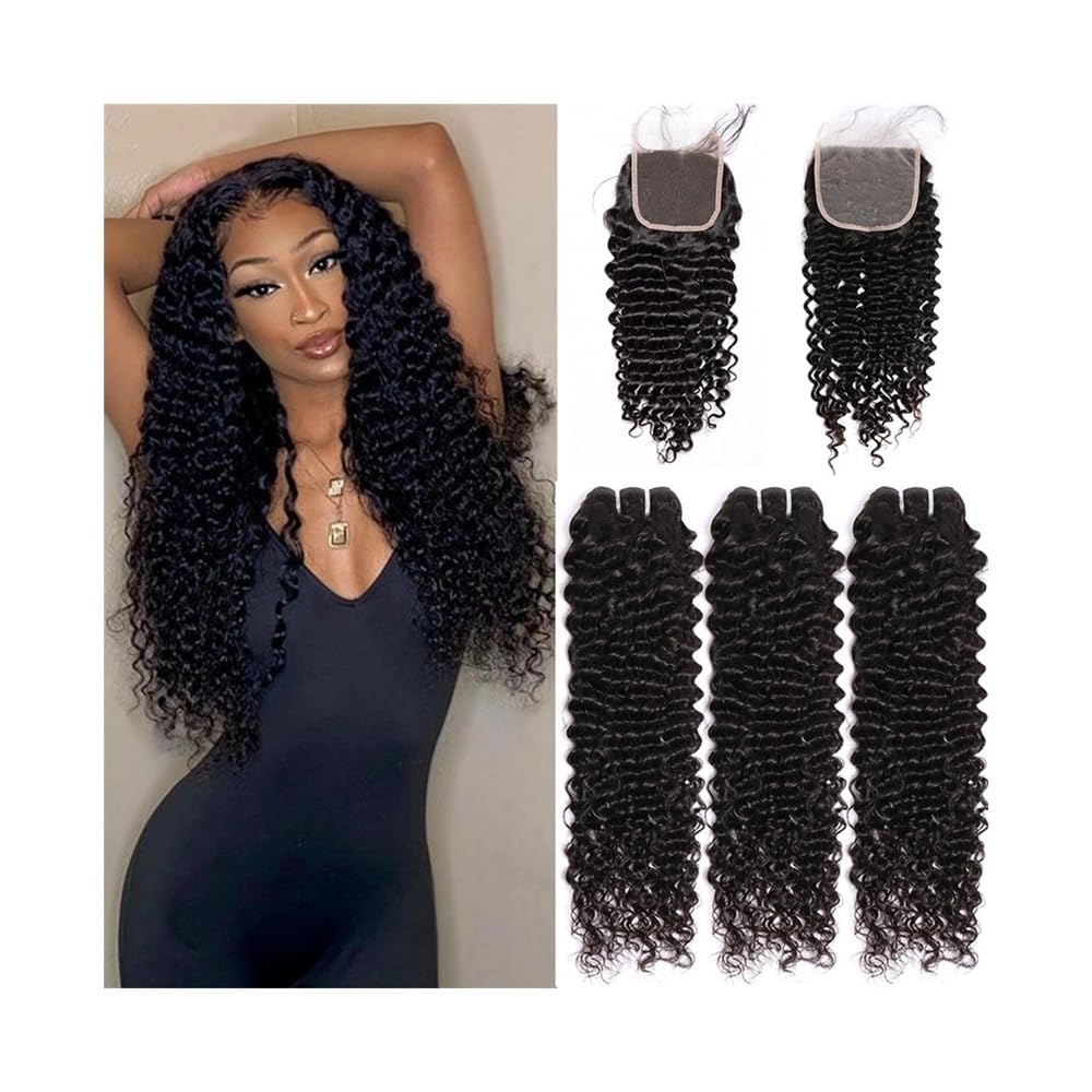 Gruby Zestawy włosów o głębokiej fali z zapięciem koronkowym 4x4, 3 szt. wątku i 1 dla Daily