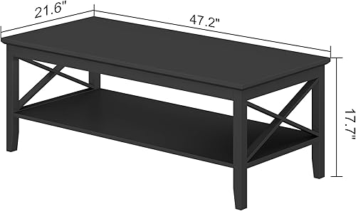 Miniatura 18 de ChooChoo Mesa de centro Oxford con patas más gruesas, mesa de centro de madera negra con almacenamiento para sala de estar Negro -,Negro y