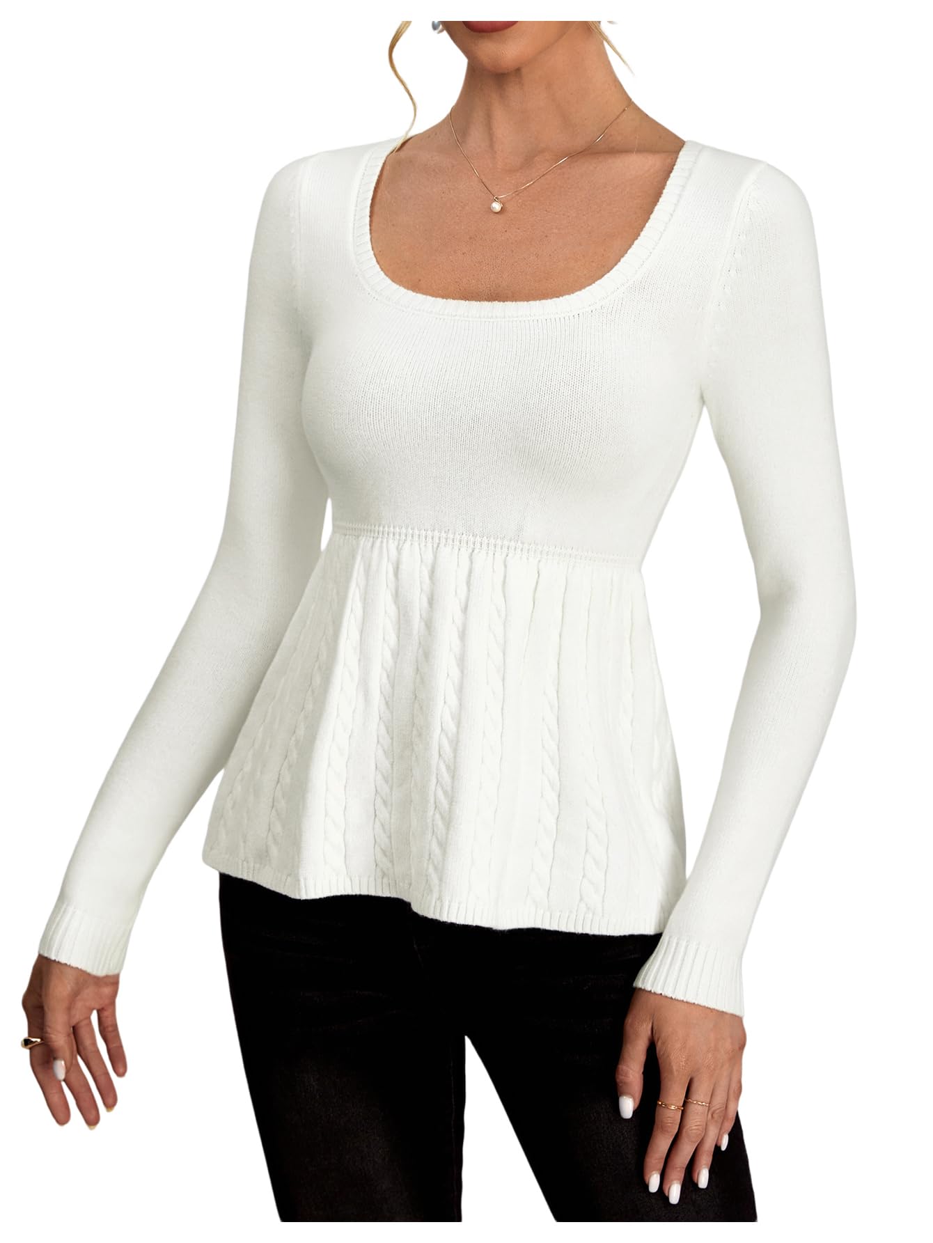 Womens Scoop Neck Peplum Sweater Long Sleeve Cable Knit Dressy Casual Pullover Tops