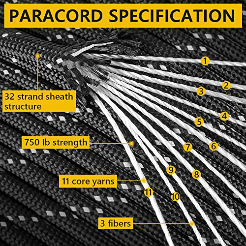 750Ib Reflective Paracord Rope, 100', Green, 4Mm 11 Strand Parachute Spool Cord With Collecting Bag, Para Cord Lanyard For Clothsline, Hammock, Camping, Hiking And Survival #TOP1