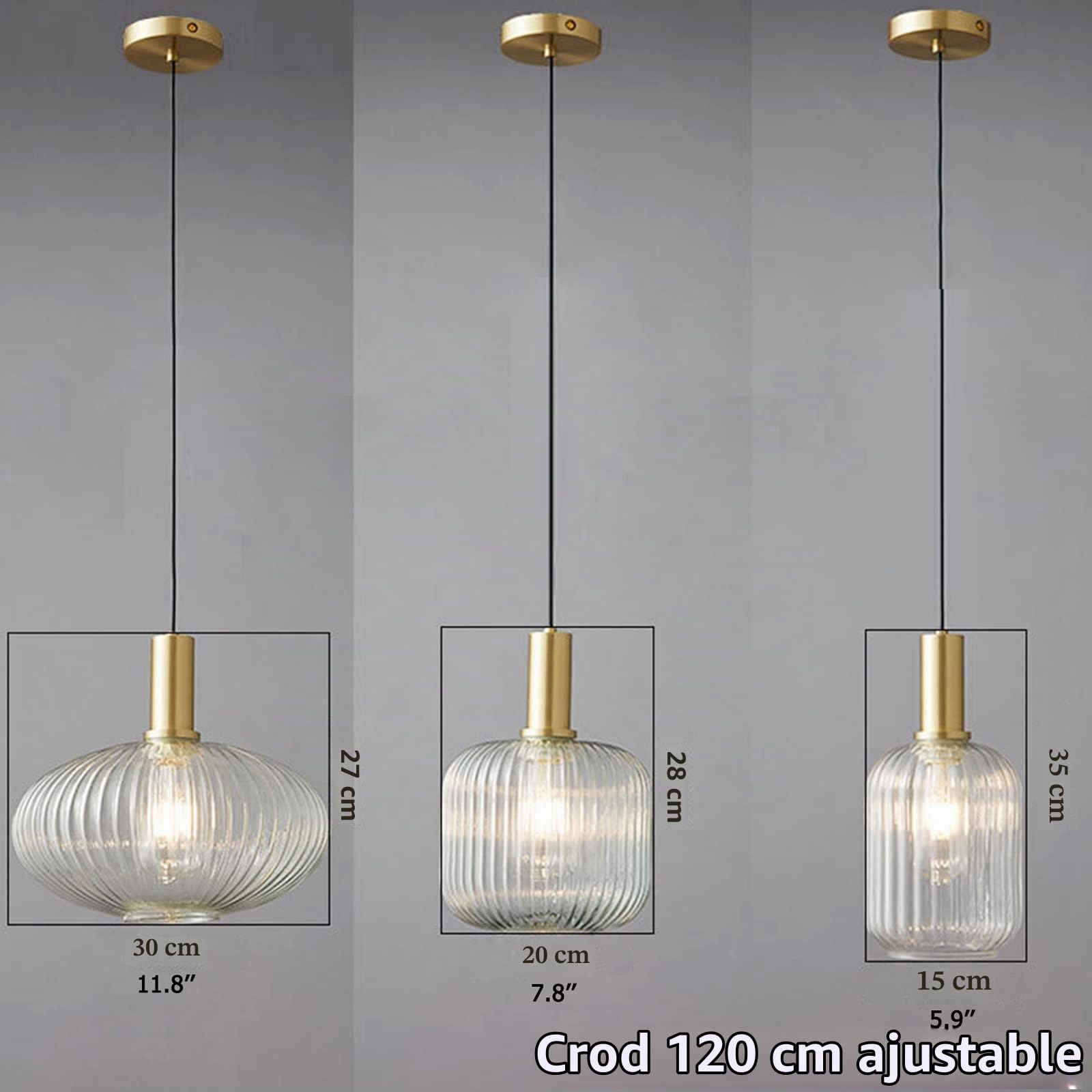 Lámpara colgante de vidrio transparente con pantalla de vidrio acanalado y acabado en bronce, lámpara colgante de techo retro moderna para mesita de noche, mesa de comedor e isla de cocina (L)