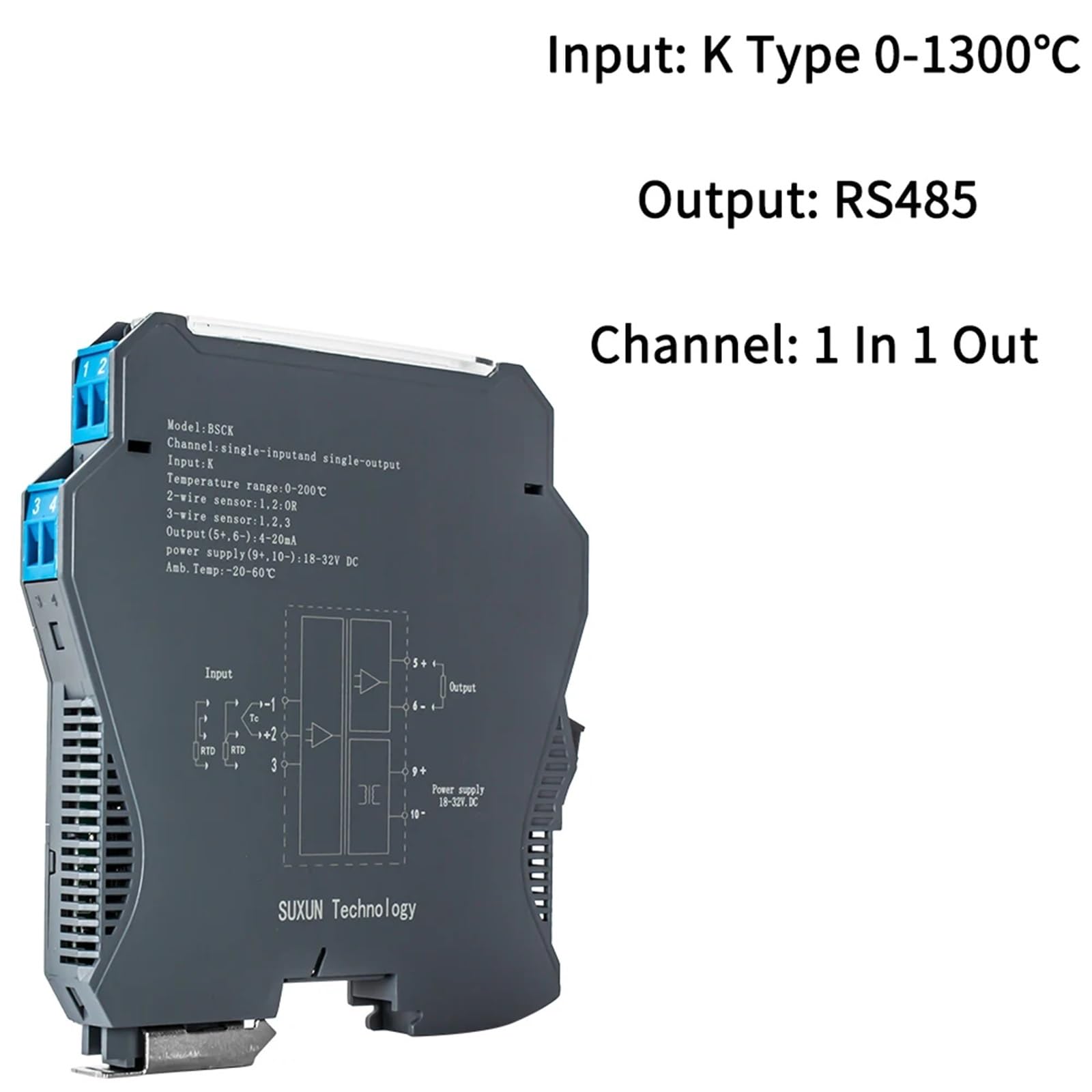 Transmisor de temperatura tipo K 4-20mA 0-10V 0-5V 1 en 1 salida 0-1300℃ Convertidor de señal de termopar 1 Uds(K to RS485 11)