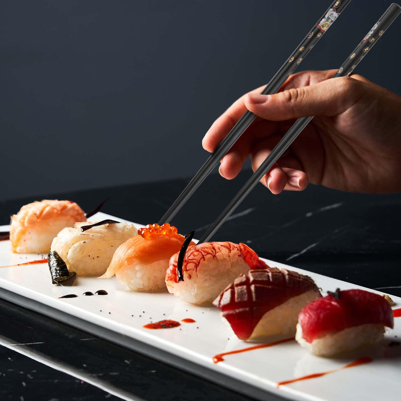 Set di bacchette per sushi con gatto, 2 paia con ceramica, bacchette in legno, riutilizzabili, in confezione regalo, sostenibile, giapponese, cinese, coreano, taiwanese