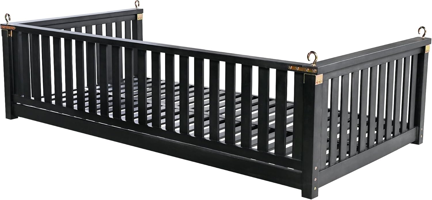 Minimalist 2-Person Acacia Wood Swing Bed, Patio Porch Swing with Ropes for Backyard Garden, Safe Sloped Design, Mattress, Cushions and Pillows not Included (Black/Acacia)
