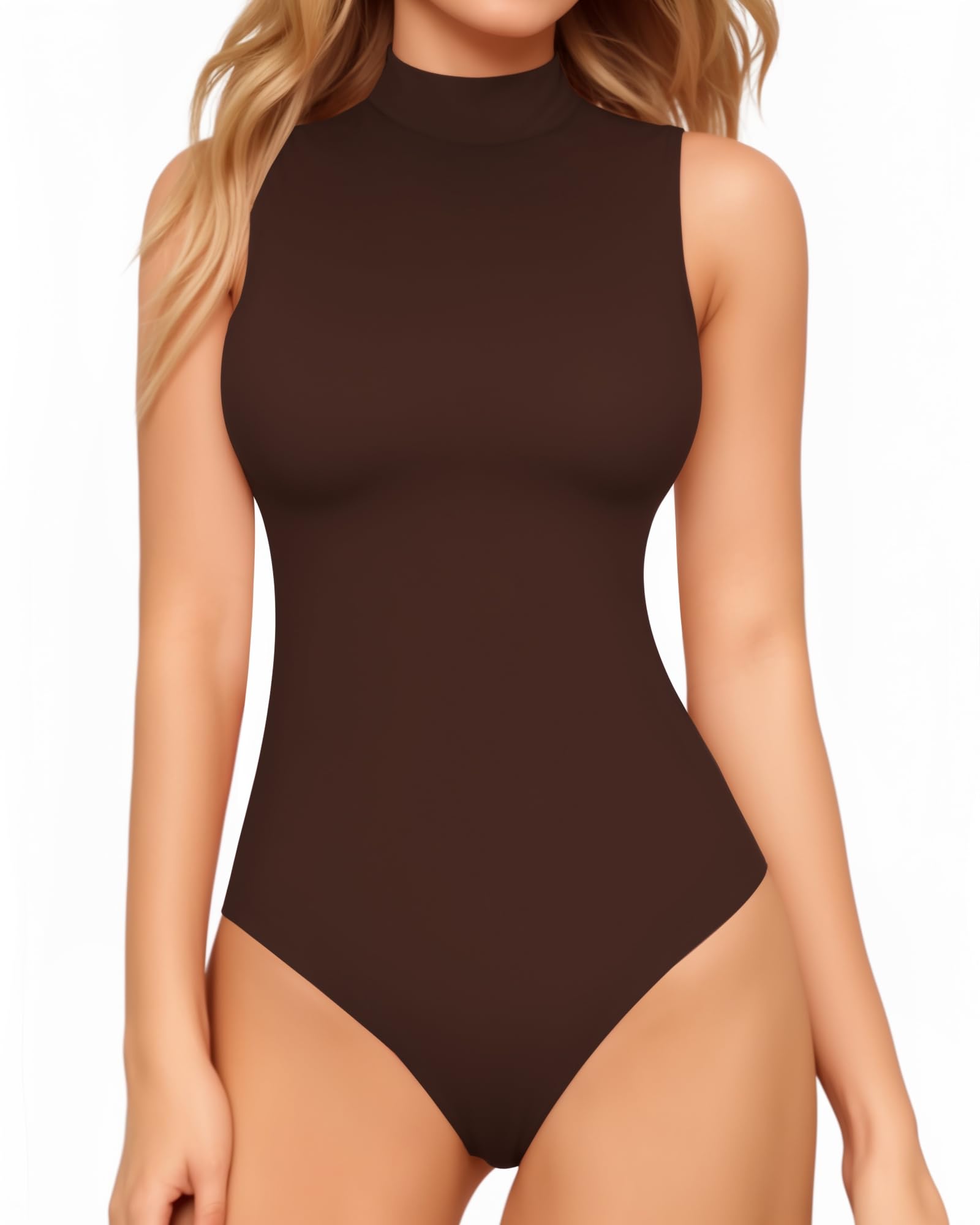 mangopop Women's Mock Turtle Neck Sleeveless Tank Tops Bodysuit, Sleeveles Coffee-1, Medium-picture-36