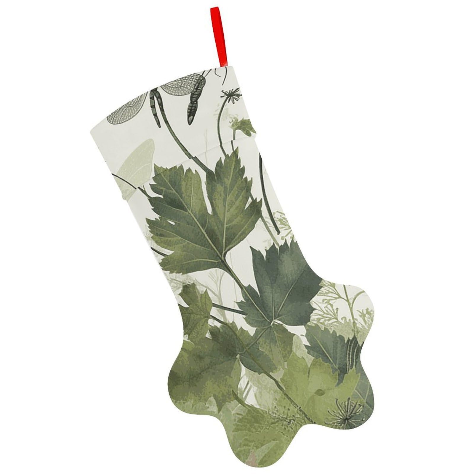 Foliage and Herbs with Dragonflies Winged Christmas Stocking Soft Comfortable Christma Sornaments Stocking Cute All-Printed Dog-Paw Stockings for Xmas Eve Party Fireplace Tree Gift Decoration