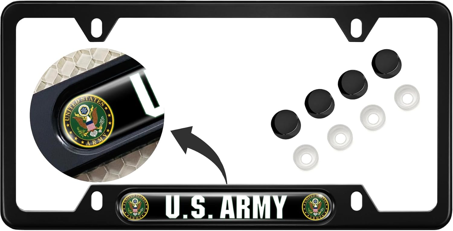 [Officially Licensed Product] - USA Patriotic Anodized Aluminum Thin Top | Narrow Top Car License Plate Frame U.S. Army with Free caps - Black