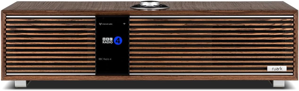 Davant view of the Ruark Audio R410 Integrated Stereo System in brown, showing the display screen and control dial.