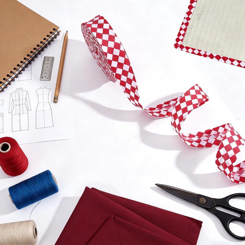 AHANDMAKER 24 Yards Double Fold Bias Tape, 1 Inch Wide Tartan Bias Binding Tape Polyester Checkered Ribbon for Sewing Garment Hat DIY Crafts Gift Wrapping Home Decoration, Dark Red and White