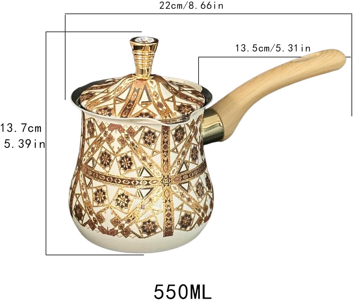 Stainless Steel Turkish Coffee Pot Milk Warmer Multifunctional Long Wooden Handle Butter Melting Pot Kitchen Accessory, Brown Pattern, 550ml