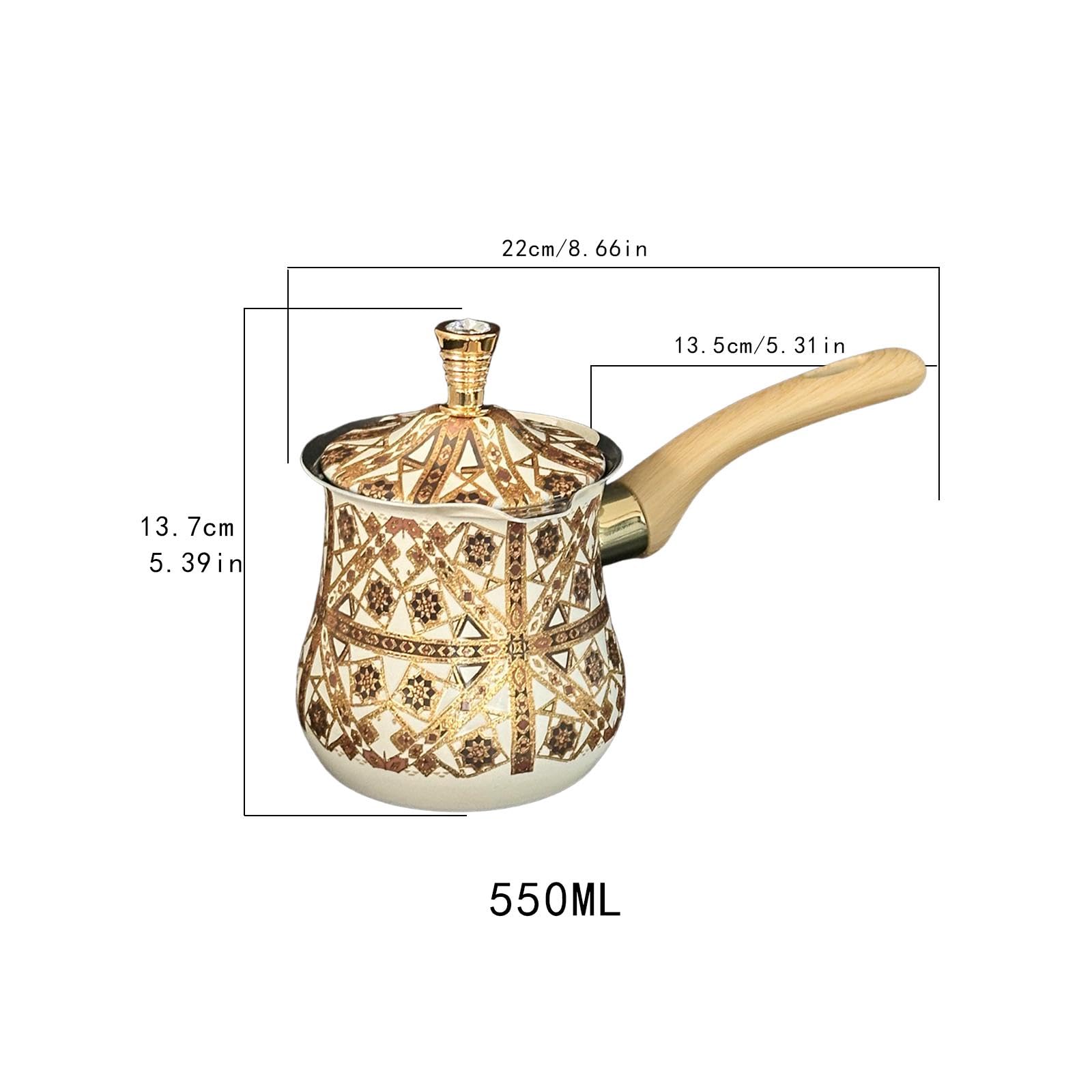Türkische Kaffeekanne, Schmelztiegel mit Deckel, mit Ausgießer, Butterwärmer, Milchwärmer, Topf, leicht zu reinigen, für Zuhause, Café, Braunes Muster, 550 Ml