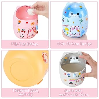 Portable Gray PP Plastic Mini Lidded Desktop Trash Can | Lovely Cartoon Outlook, Matching 5 Rolls Bin Liners and Stickers, Tiny Storage Container for Bedroom Desk, Car and Kitchen