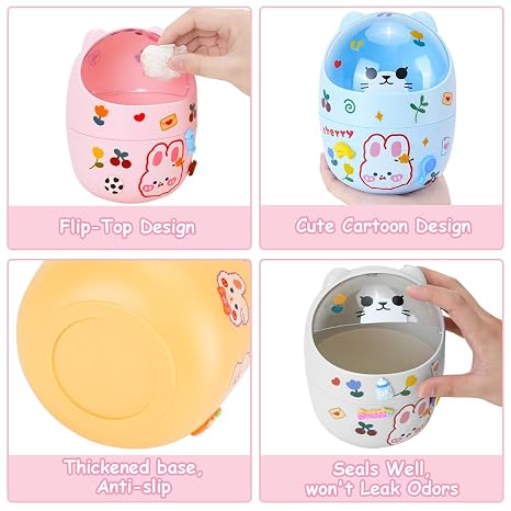 Portable Gray PP Plastic Mini Lidded Desktop Trash Can | Lovely Cartoon Outlook, Matching 5 Rolls Bin Liners and Stickers, Tiny Storage Container for Bedroom Desk, Car and Kitchen