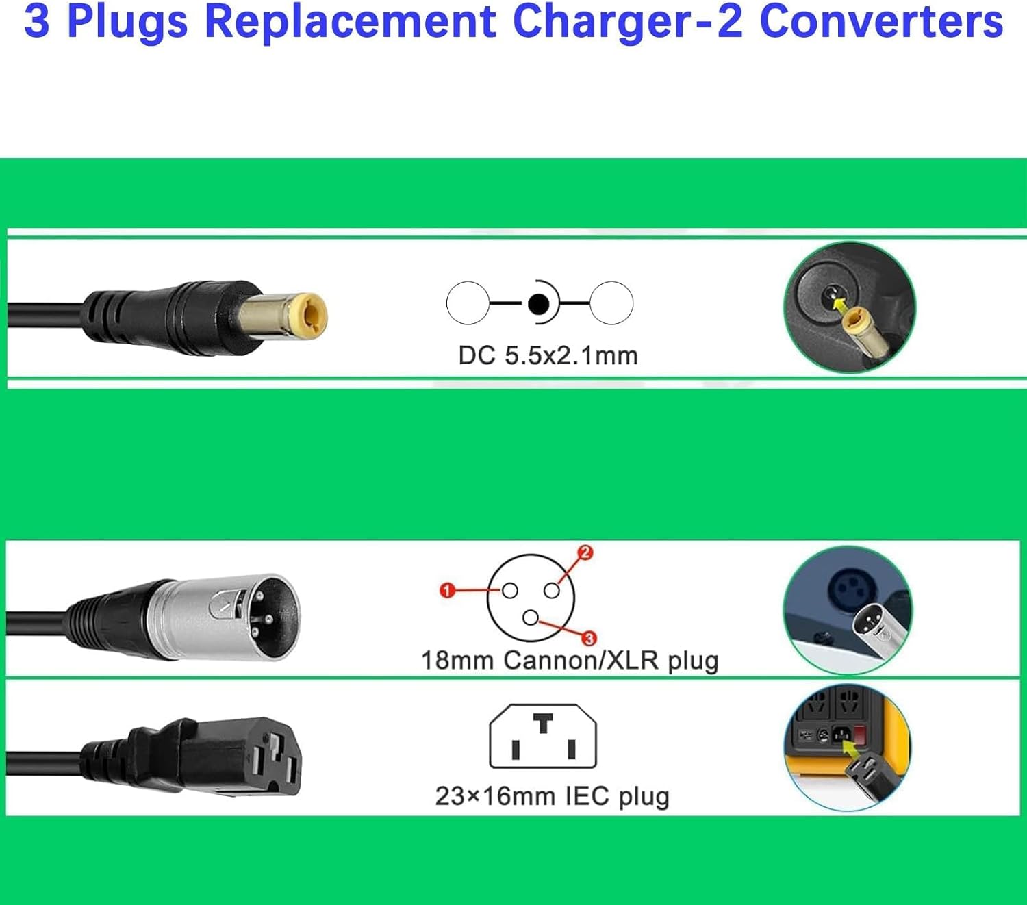84V 3A 3-Pin XLR Charger (3 Plugs Universal) for Scooters and More 72V(20S) 12AH 20AH 30AH Lithium Battery - 3 Plugs Universal DC/XLR or Cannon/IEC Plug