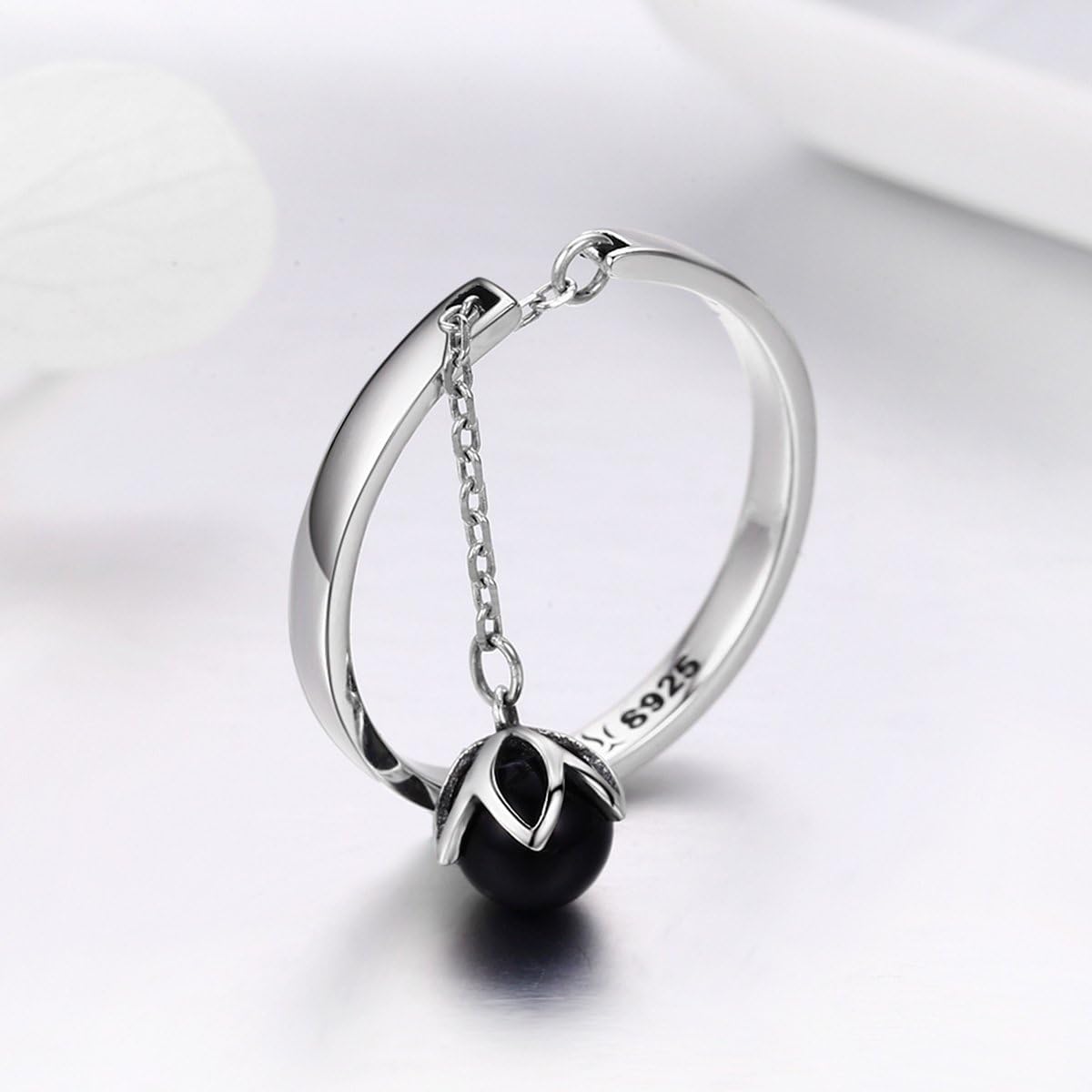 Dangling Black Freshwater Cultured Pearl Sterling Silver 925 Statement Open Rings for Women Girls Adjustable Dainty Dangle Charm Tassel Chain Stacking Finger Band Promise Engagement Wedding Ring
