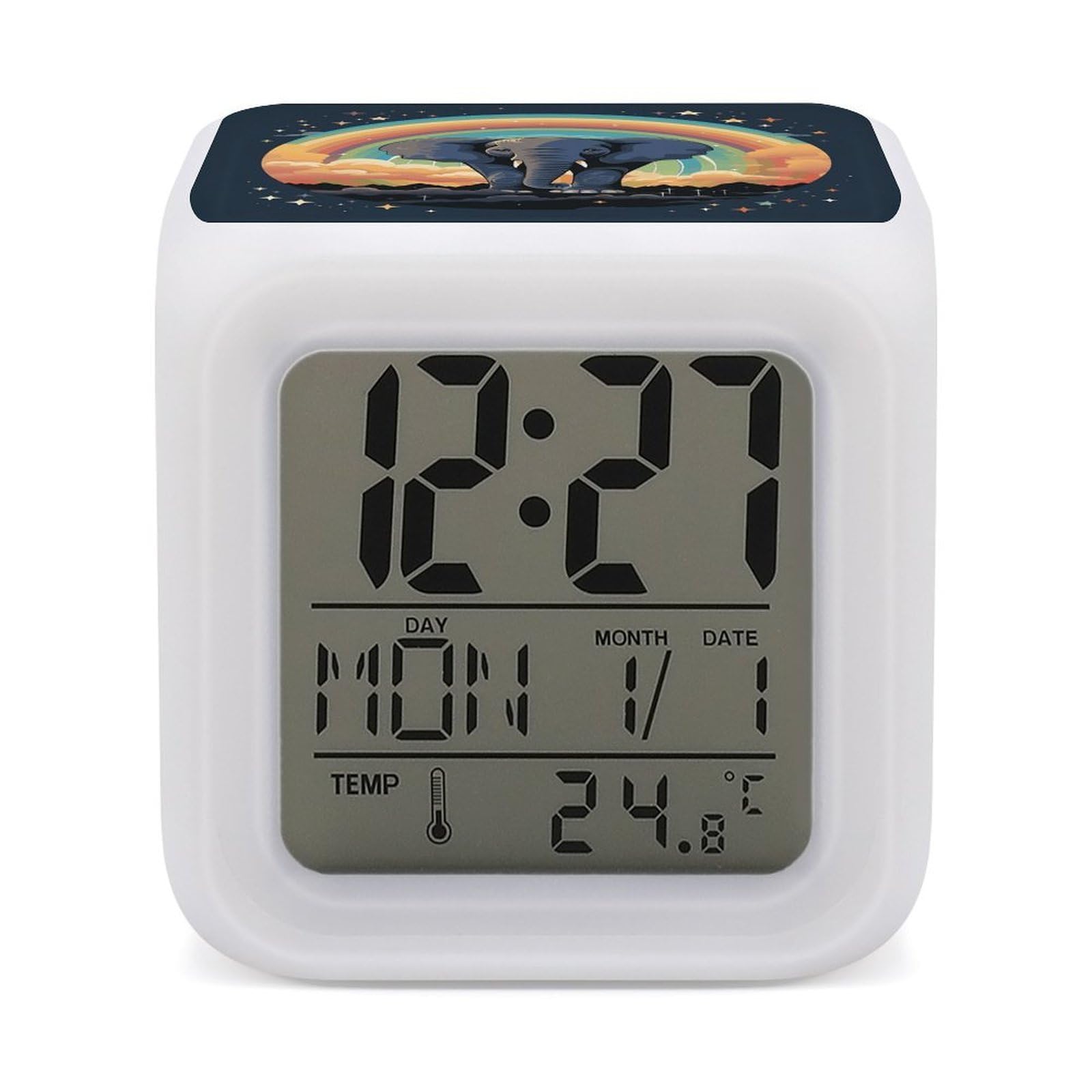 FekiLoot A Cute Elephant on A Rainbow Background Alarm Clock for Heavy Sleepers Wake Up Digital Clock with 7 Color Changing Night Light Super Loud Digital Alarm Clocks Small Machine Alarm Clocks