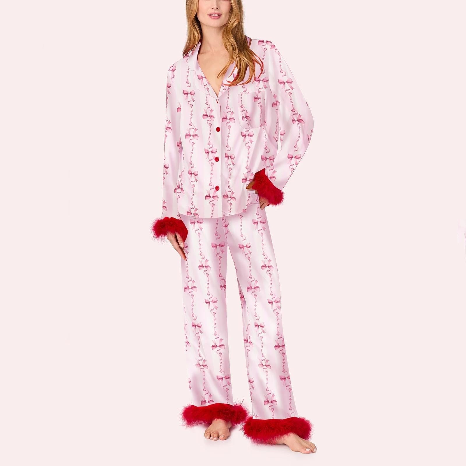 Conjunto de pijama de seda para mujer con diseño de corazón y lazo, camiseta de manga larga y pantalones, ropa de dormir de 2 piezas, pijama de satén lujoso para mujer, estampado de corazón y