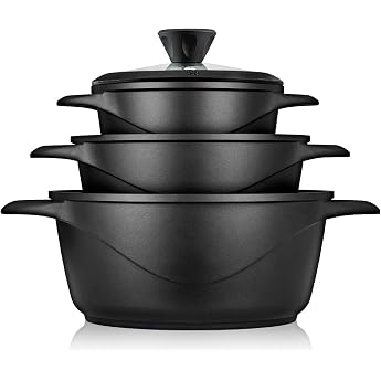 briebe MGK-18S Induction 6-Piece Cooking Pot Set 3 Pots Made of Cast Aluminium Non-Stick Coating ILAG Granitec without PFOA Glass Lids Silicone Oven Gloves Glass Ceramic Gas Oven