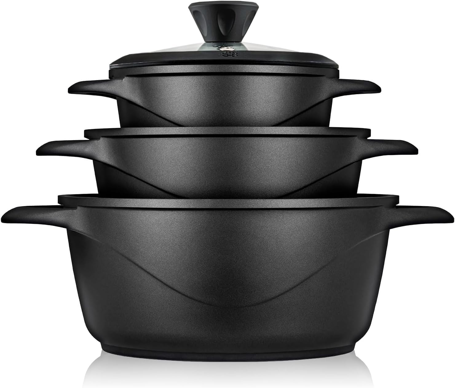 briebe Set Pentole Induzione Batteria 6 Pezzi, 3 Casseruola, Alluminio Pressofuso, Antiaderente ILAG GRANITEC senza PFOA, Coperchi in Vetro, Guanti in Silicone, Vetroceramica, Gas, Forno, MGK-18S