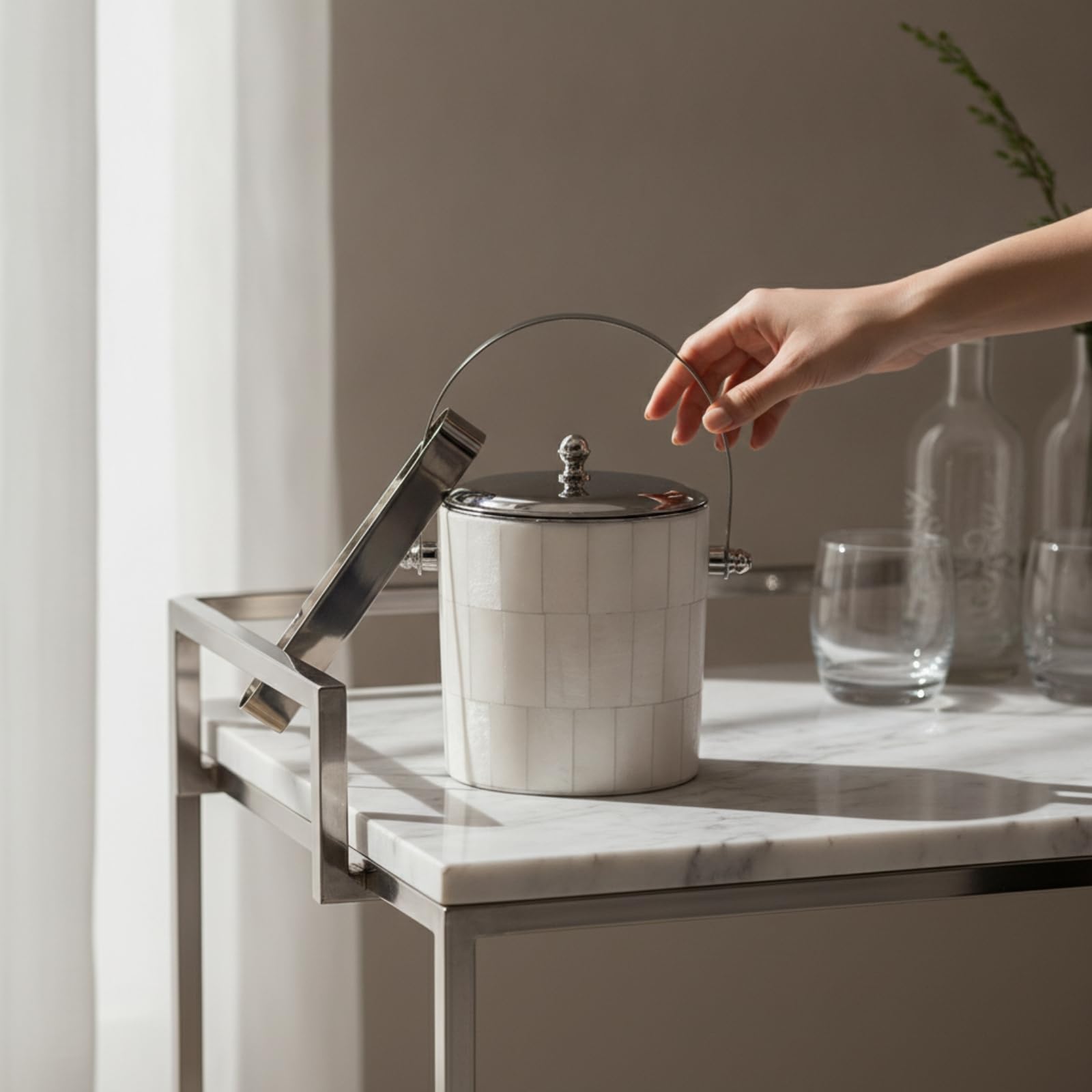 Secchiello per il Ghiaccio con Pinze Design Compatto da Appoggio, Secchiello per il Ghiaccio con Paletta e Pinze, Bancone Bar, Argento
