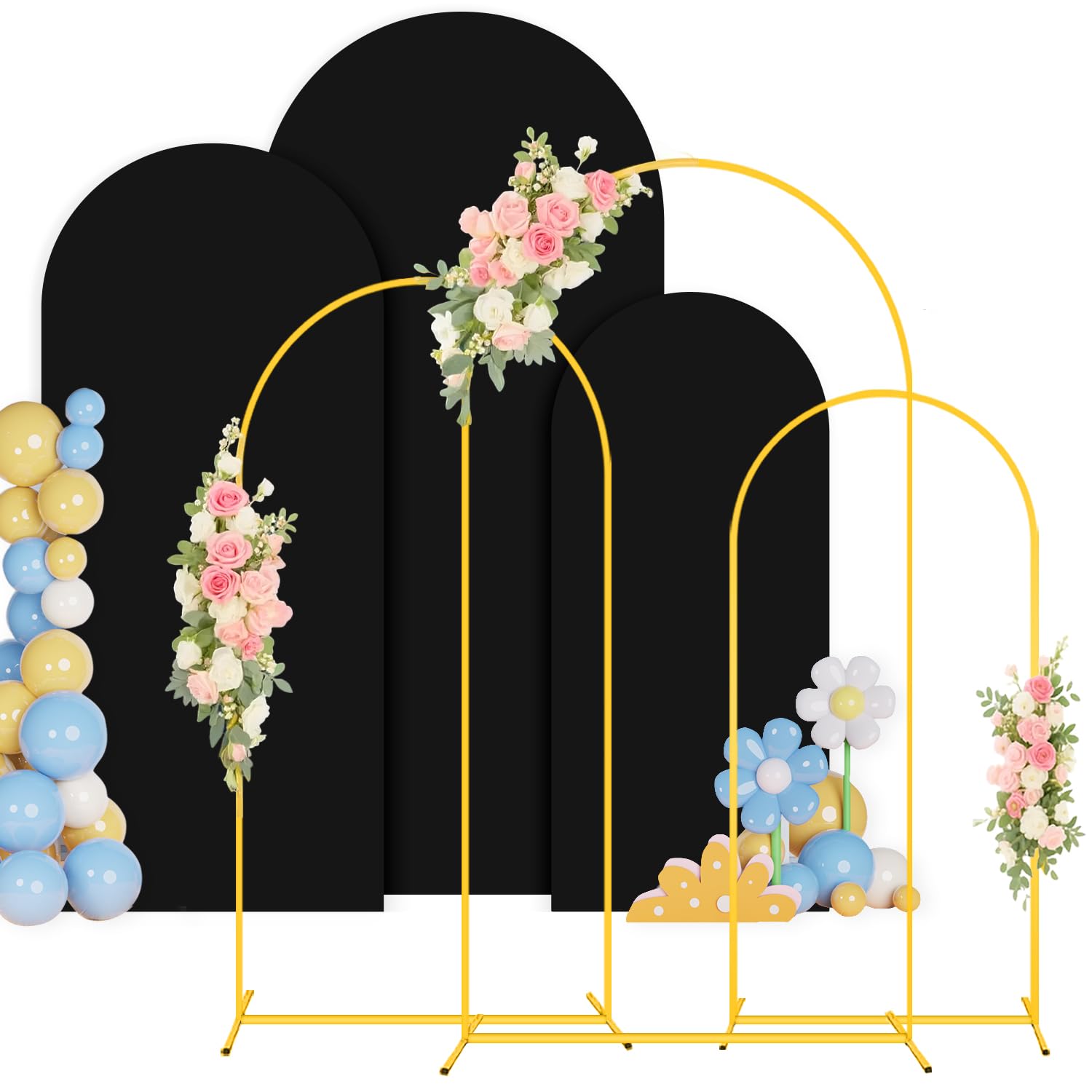 PATYDEST Metal Arch Stand and Cover Set 7.2FT, 6.6FT, 6FT Balloon Wedding Arch Frame with Black Spandex Wedding Arches Cover Set of 3 Chiara Backdrop