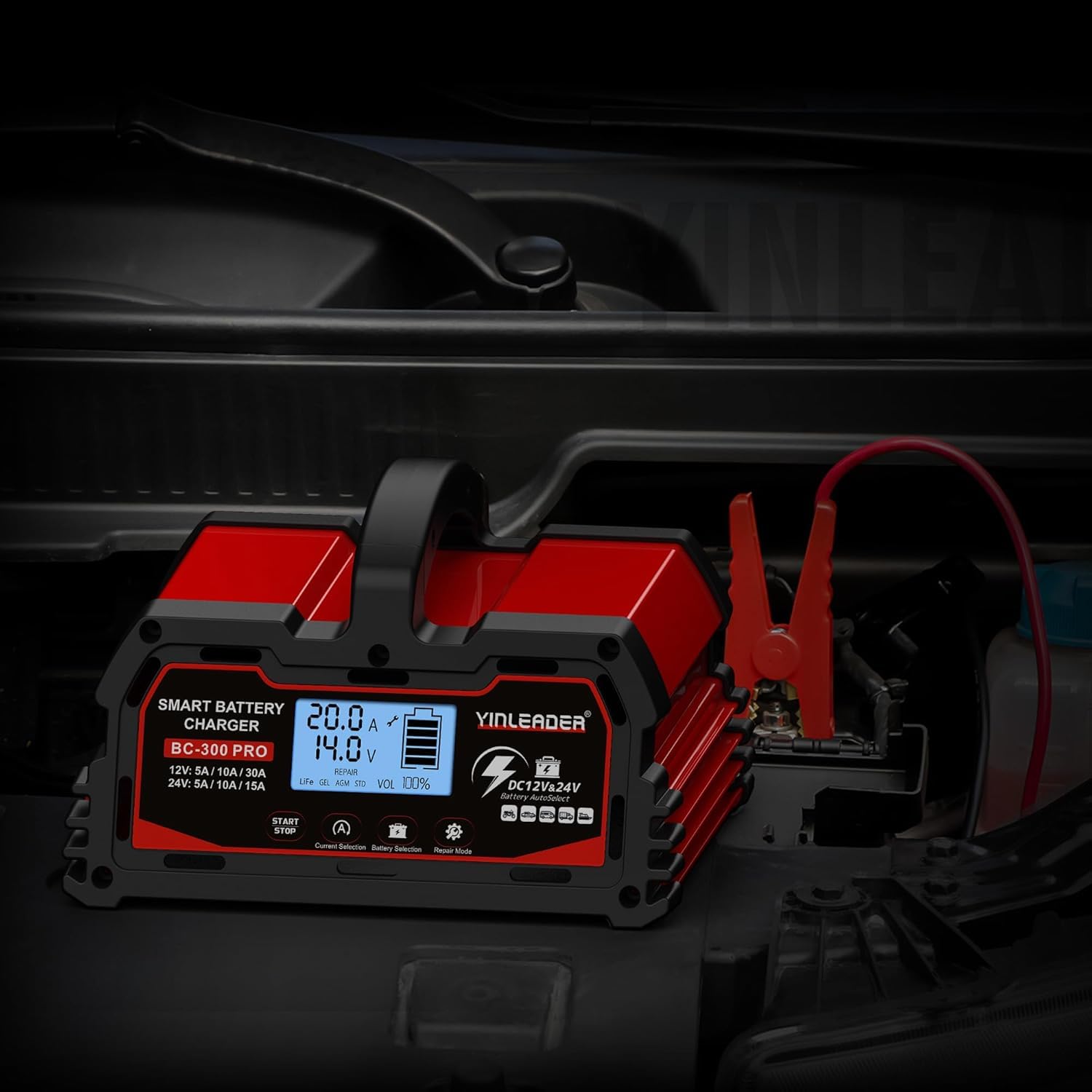 Yinleader Chargeur de Batterie Intelligent 30A 12V /24V 15A, Chargeur de Voiture LCD, mainteneur de Batterie pour AGM, Moto, 12V LiFePO4