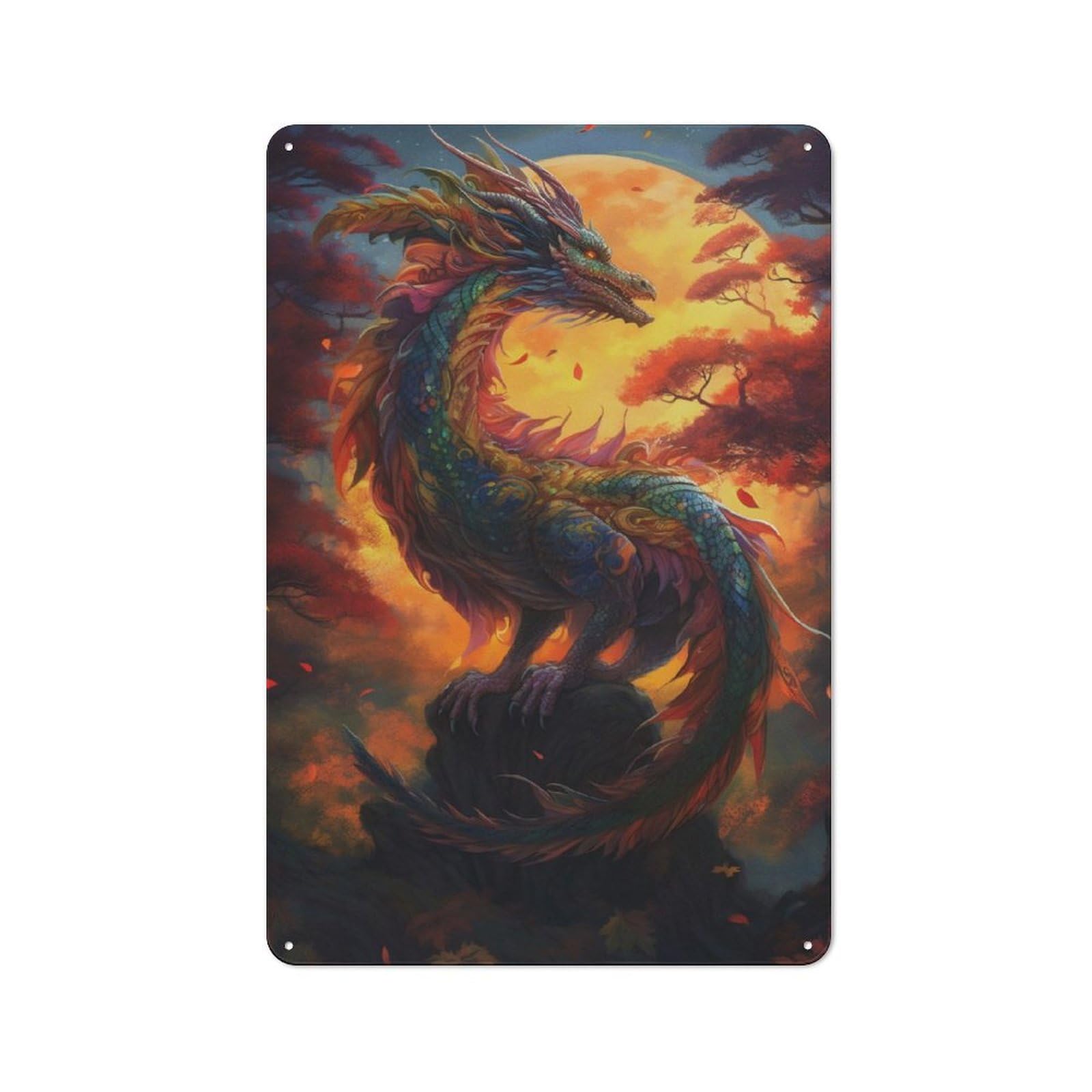 Junmoney Dragon Sunset Printed Metal Sign 30X20cm For Pub Or Café, With Clear Industrial Wall Decor Character